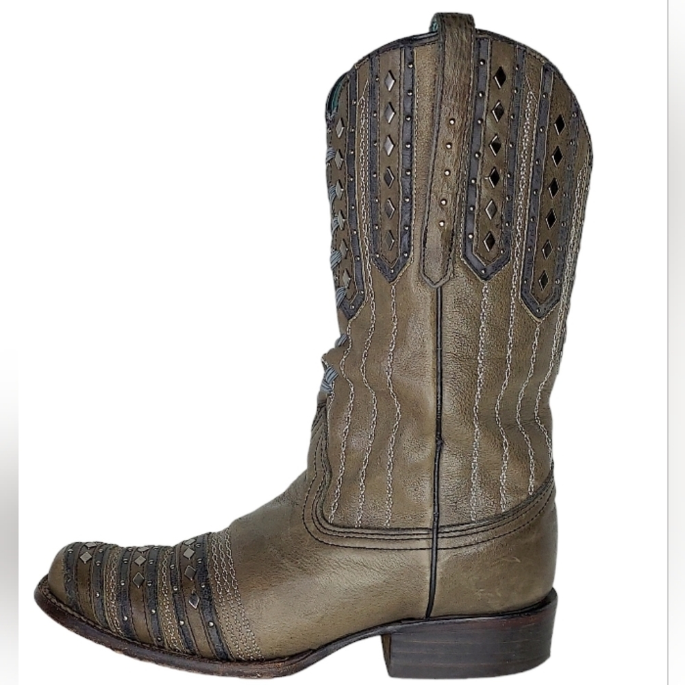 Corral Size 8.5M Taupe Silver Studs Laced Leather Snip Toe Coastal Cowgirl Boots - Picture 4 of 13